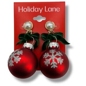 NEW Macy's Holiday Lane Christmas Earrings Red Green Snowflake Ornament Bows NWT